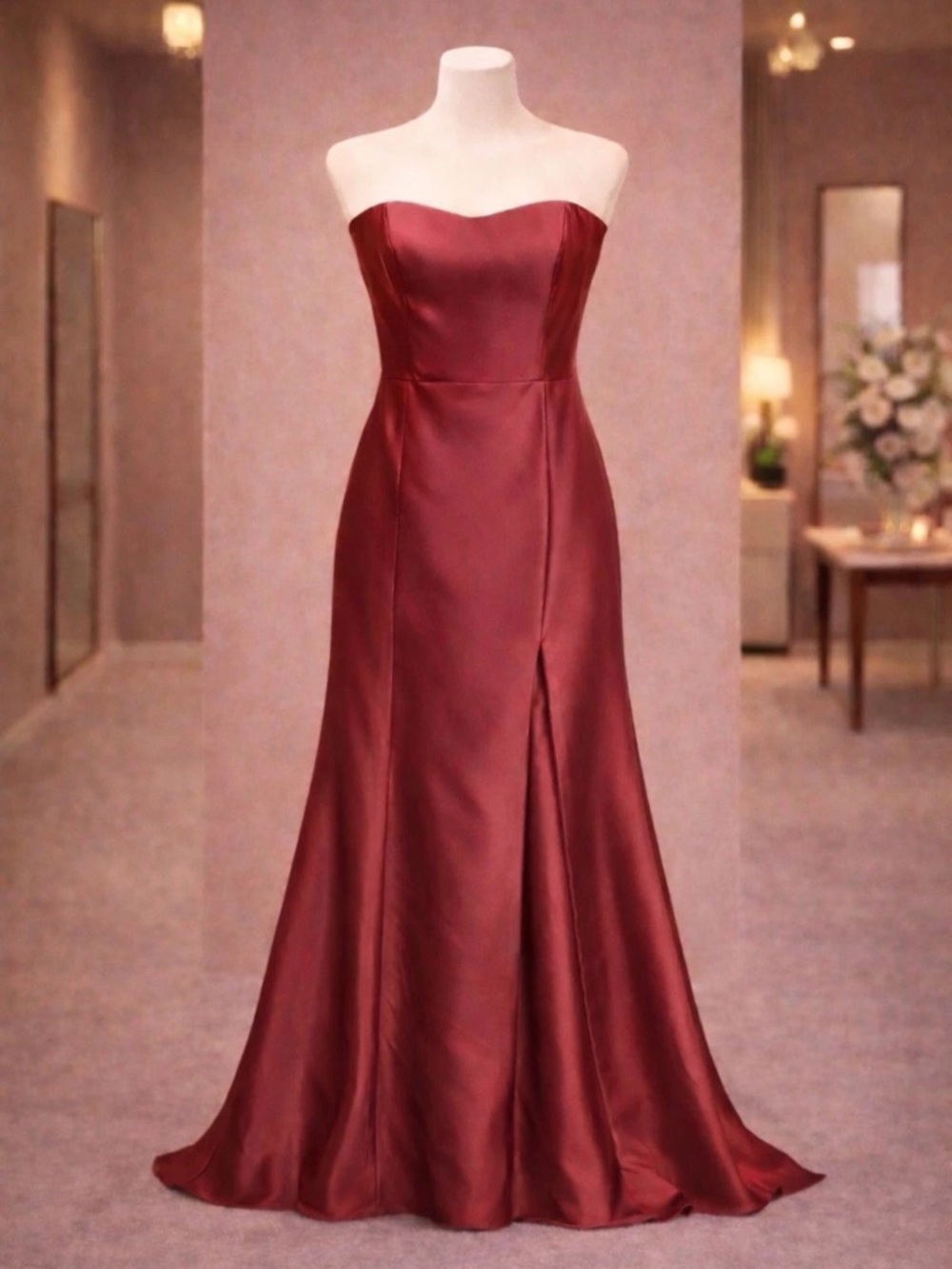 Alfred Sung Strapless Satin Gown Maroon Mermaid Formal Dress Slit 12 NWT